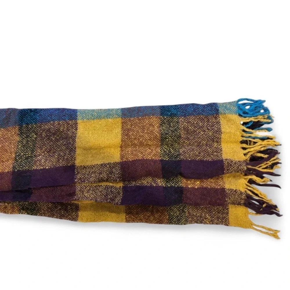 Oversized Plaid Blanket Scarf Mustard Purple Teal Chunky Fringe Cozy Wrap